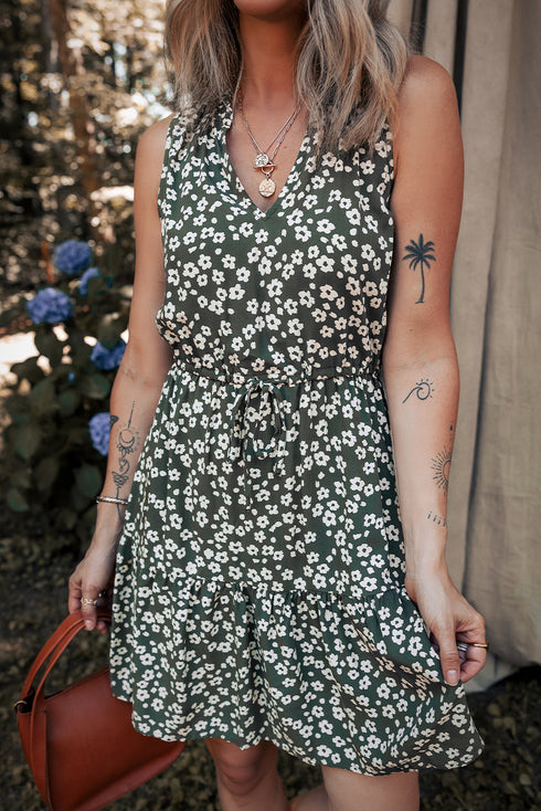 Bohemian Floral All Over Print V Neck Sleeveless Tunic A Line Summer Dress